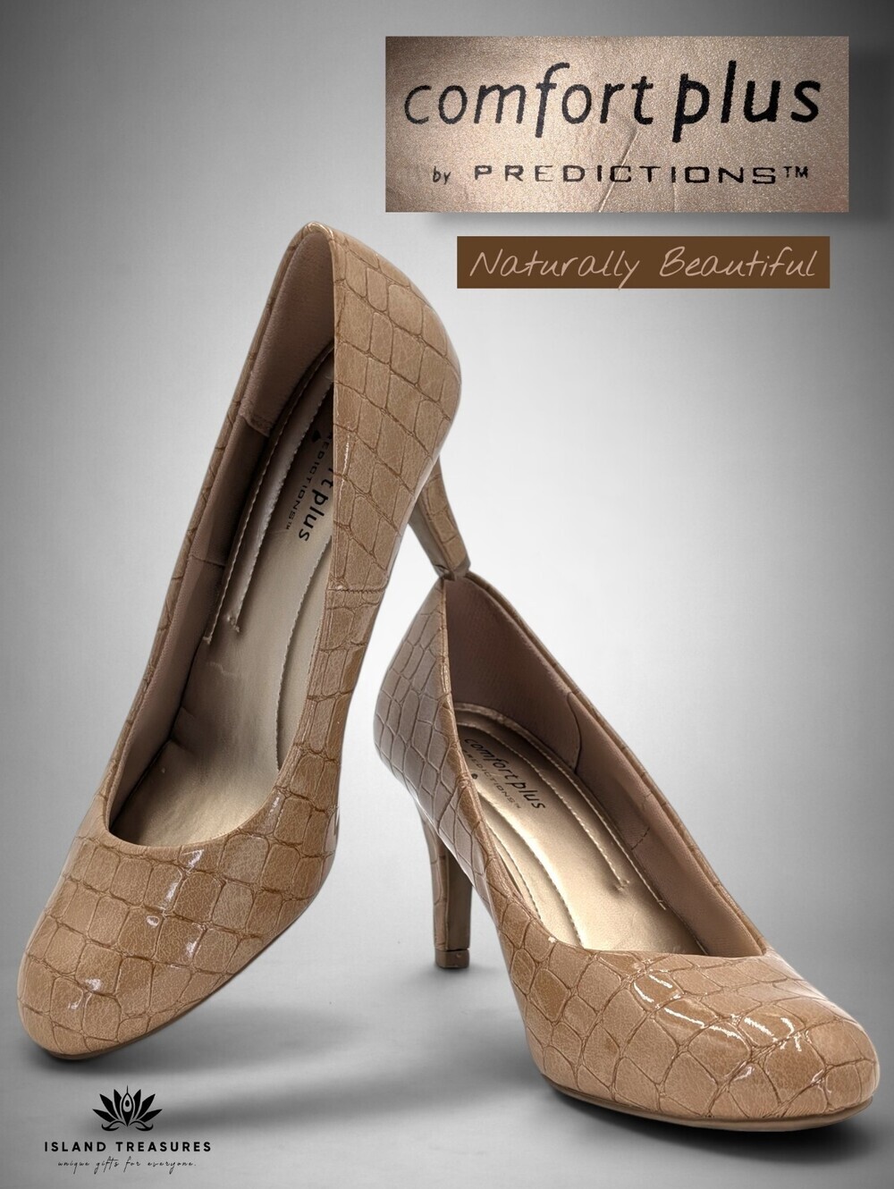 Comfort Plus Size 7 Taupe/Tan Croc-Embossed Faux Leather Pump Cushioned Insoles